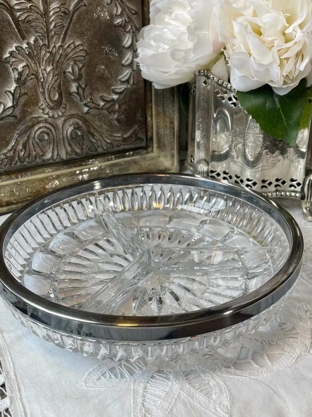Faceted cut glass round serving dish silver rim Hollywood Regency